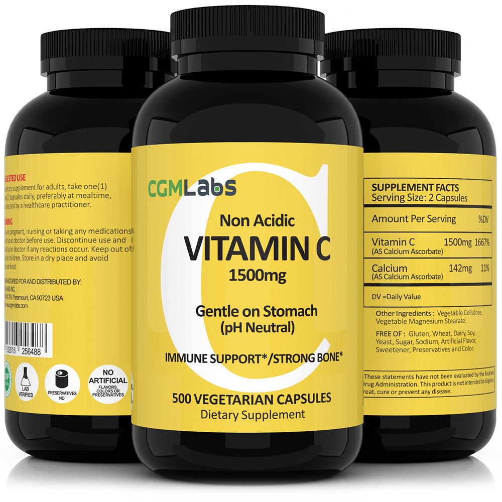 CGMLabs 속이 쓰리지 않은 저산성(중성) 비타민 C 1500mg 500식물성캡슐, 1개, 250회분