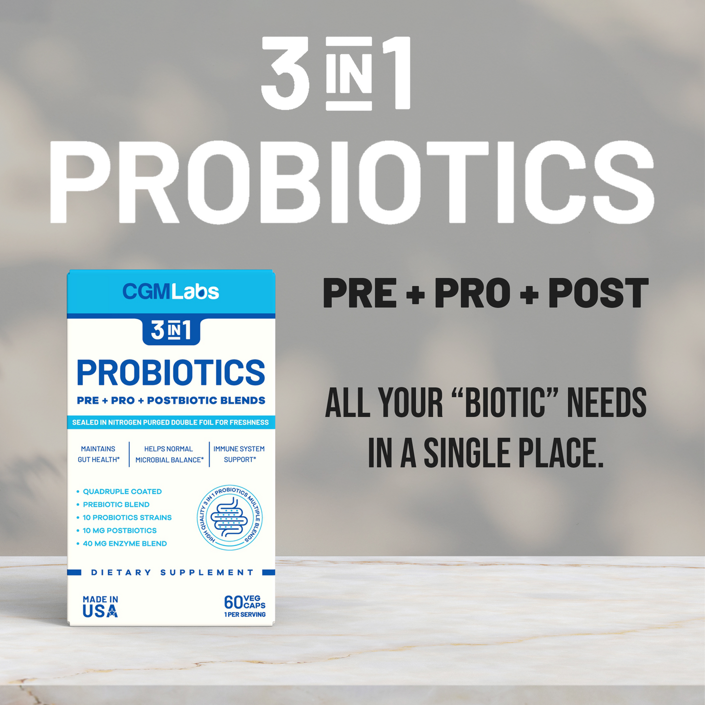 3 in 1 Probiotics - Prebiotics + Probiotics + Postbiotics All in one! Nitrogen Purged, Individually Packed in Double-foil Blister for Freshness by CGM Labs