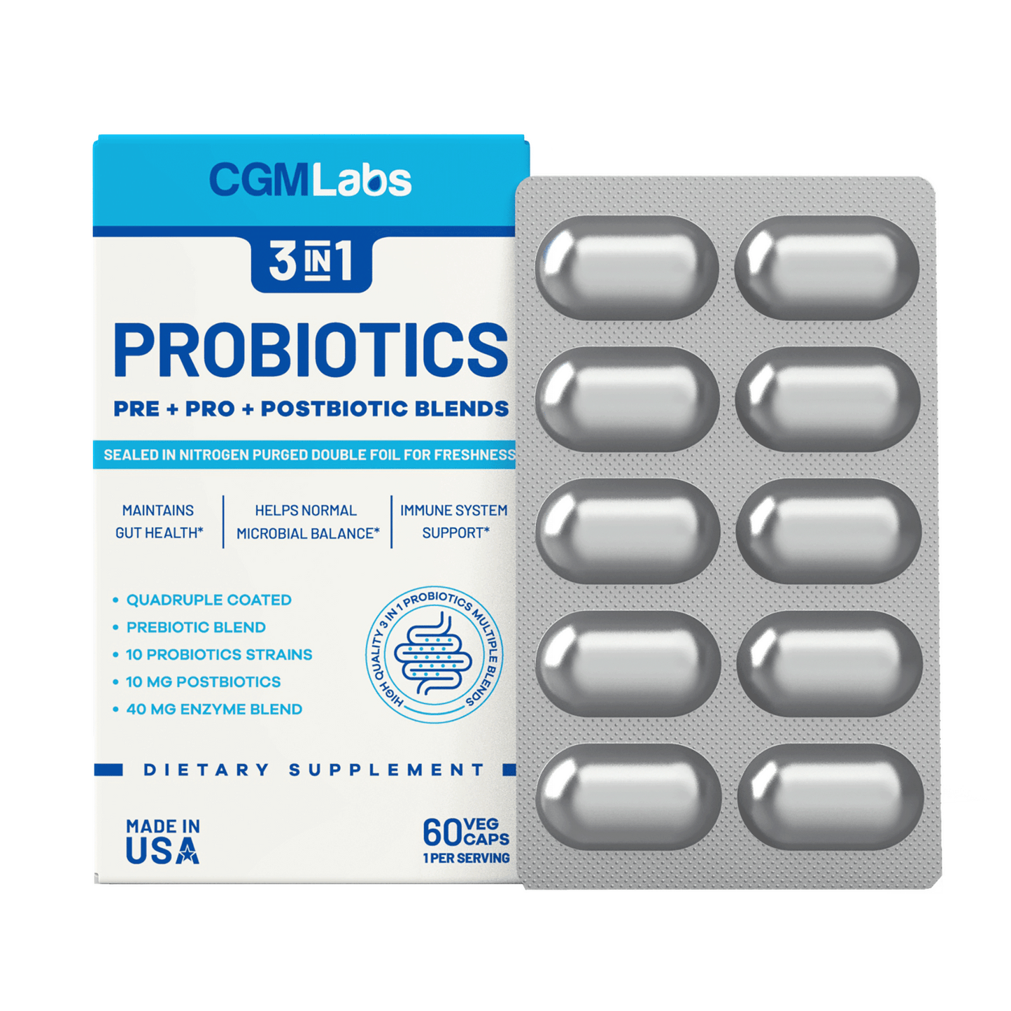 3 in 1 Probiotics - Prebiotics + Probiotics + Postbiotics All in one! Nitrogen Purged, Individually Packed in Double-foil Blister for Freshness by CGM Labs