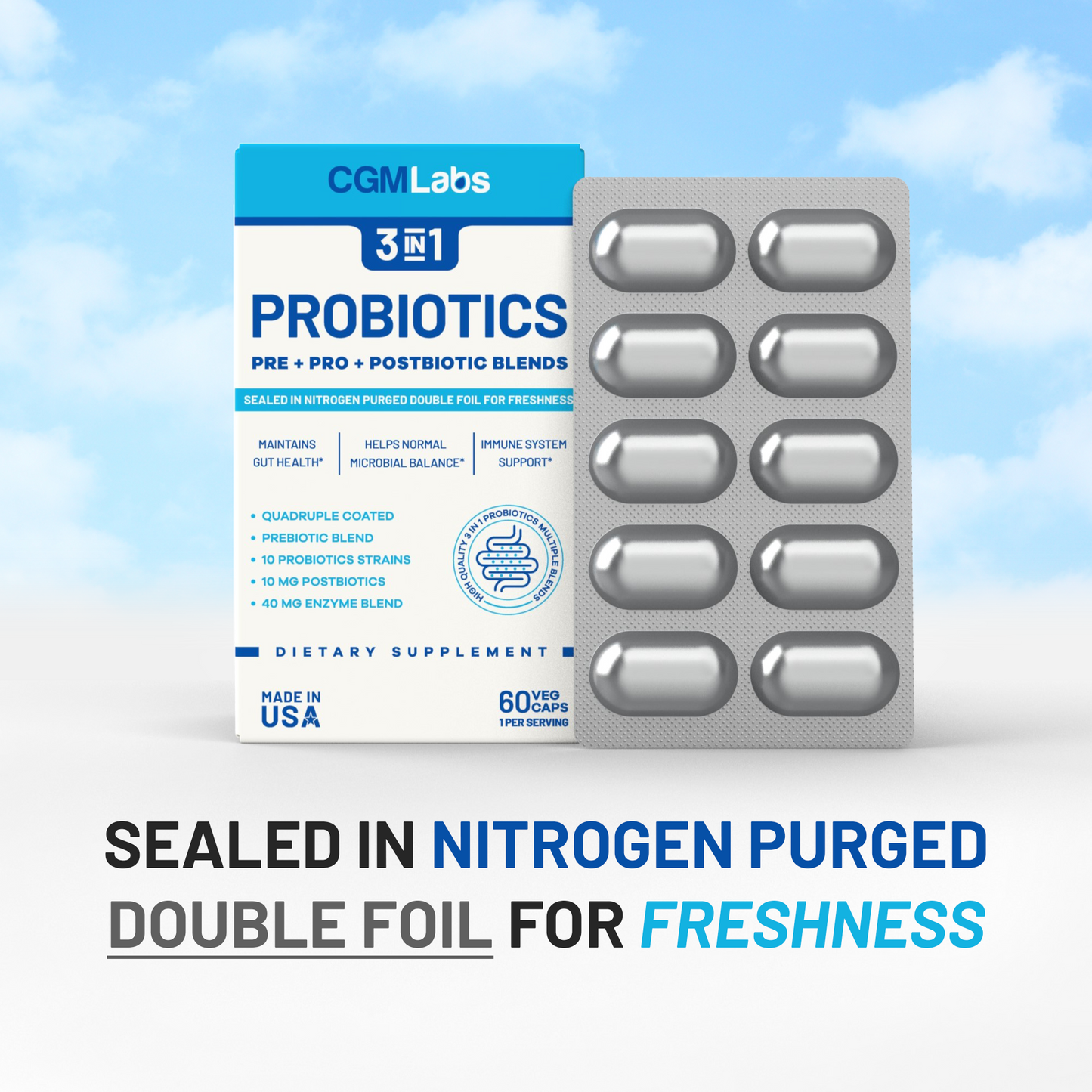3 in 1 Probiotics - Prebiotics + Probiotics + Postbiotics All in one! Nitrogen Purged, Individually Packed in Double-foil Blister for Freshness by CGM Labs