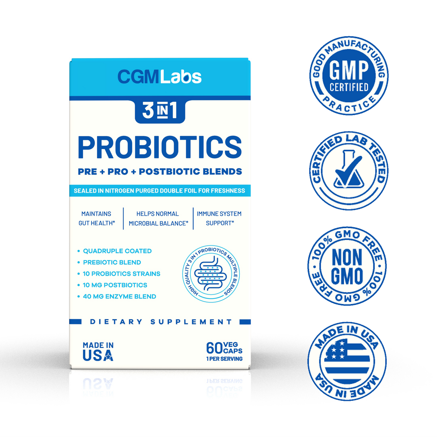 3 in 1 Probiotics - Prebiotics + Probiotics + Postbiotics All in one! Nitrogen Purged, Individually Packed in Double-foil Blister for Freshness by CGM Labs