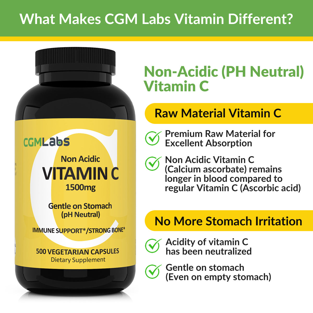 CGMLabs 속이 쓰리지 않은 저산성(중성) 비타민 C 1500mg 500식물성캡슐, 1개, 250회분
