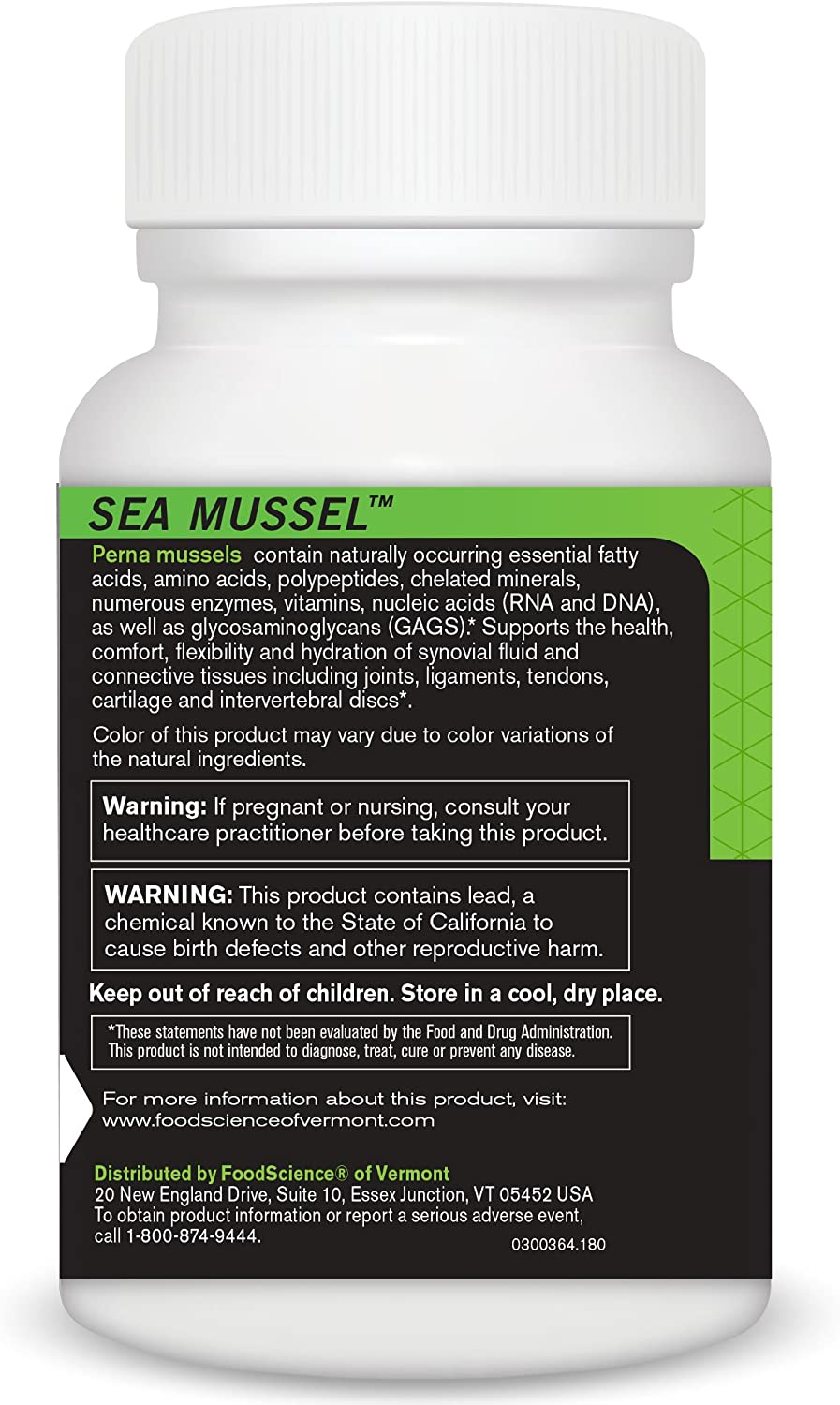 FoodScience of Vermont New Zealand Green Lipped Sea Mussel Supplement, 180 Capsules - Supports Joint Health, Mobility and Comfort