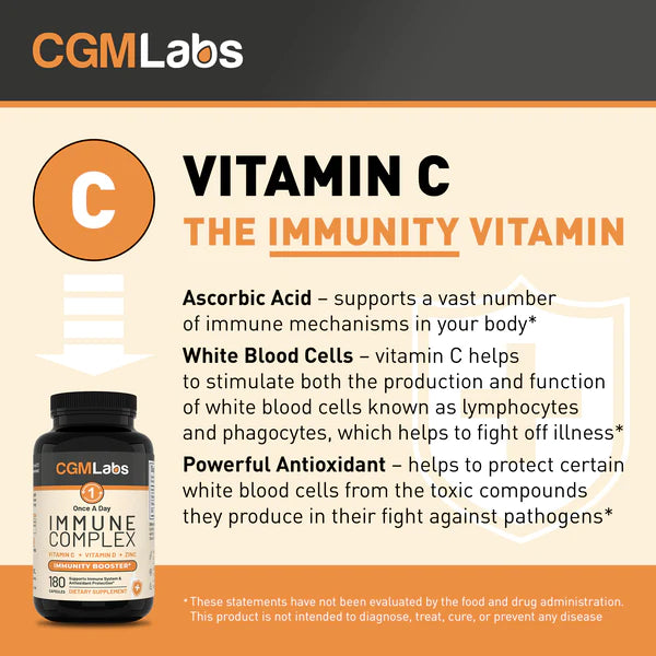 CGM Labs 원스 어 데이 이뮨 컴플렉스 Once A Day Immune Complex 180 캡슐 면역력 부스터 징크(아연) 25mg 비타민C 900mg 비타민D 2500IU
